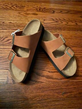 Birkenstock Papillio Arizona platform Double Buckle Sandals in Cognac Brown NEW